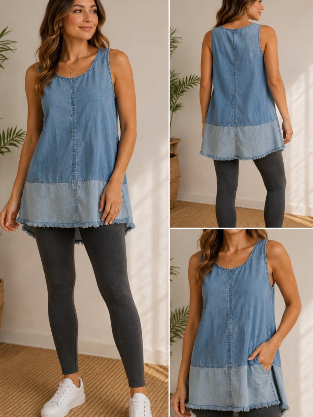 J.Jill Denim Chambray Tunic | Petite Small | Sleeveless Frayed Hem